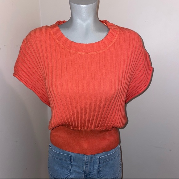 Free People FP Beach Orange Ribbed Short Sleeve Cotton Sweater Dolman XL - Picture 1 of 7